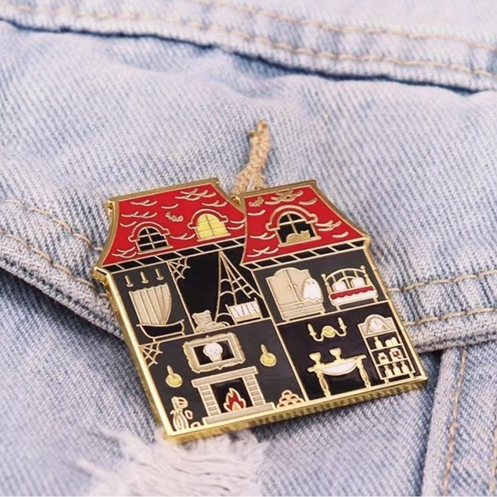 Haunted Dollhouse Enamel Pin Spooky Gothic Ghost House Lapel Pin Black Red Gold
